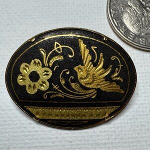 Vintage Damascene Bird Floral Oval Brooch